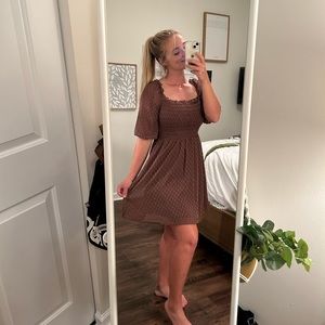 Brown mini dress with puffed sleeves